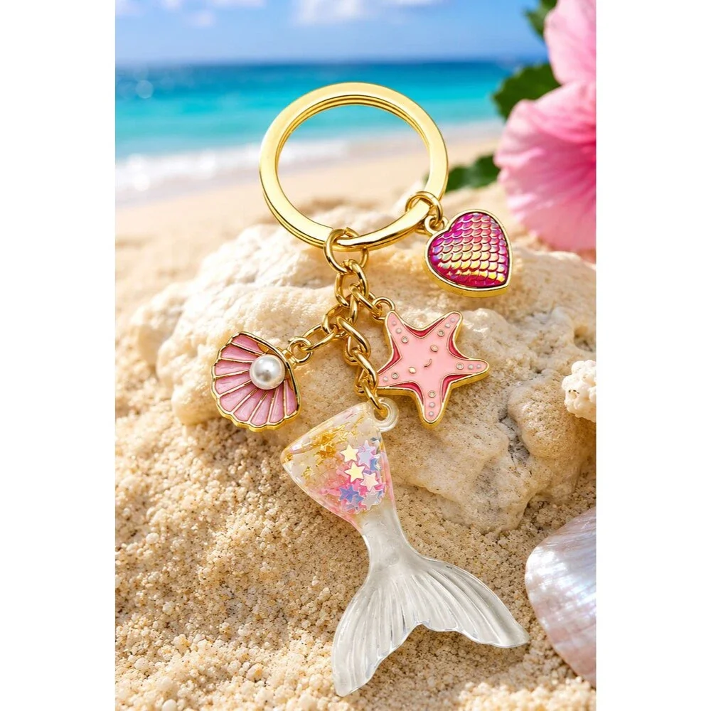 Mermaid Tail Pink Fish Scale Heart Starfish Seashell Keychain Coastal Luxe NWT